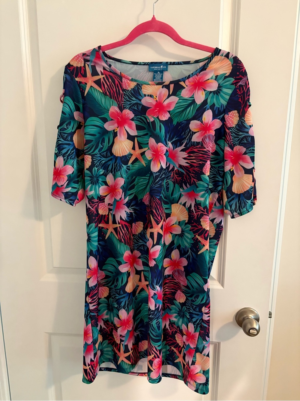 Caribbean Joe Navy Floral Shift Dress with Pink & Teal Accents